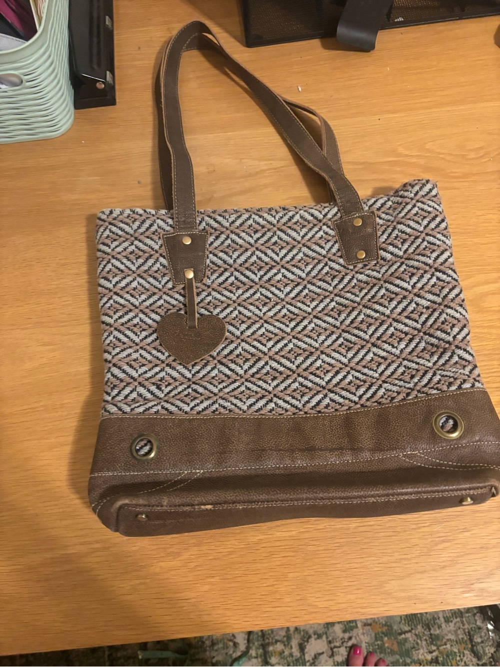 Brown Geometric Pattern Tote with Heart Charm - Picture 1 of 11